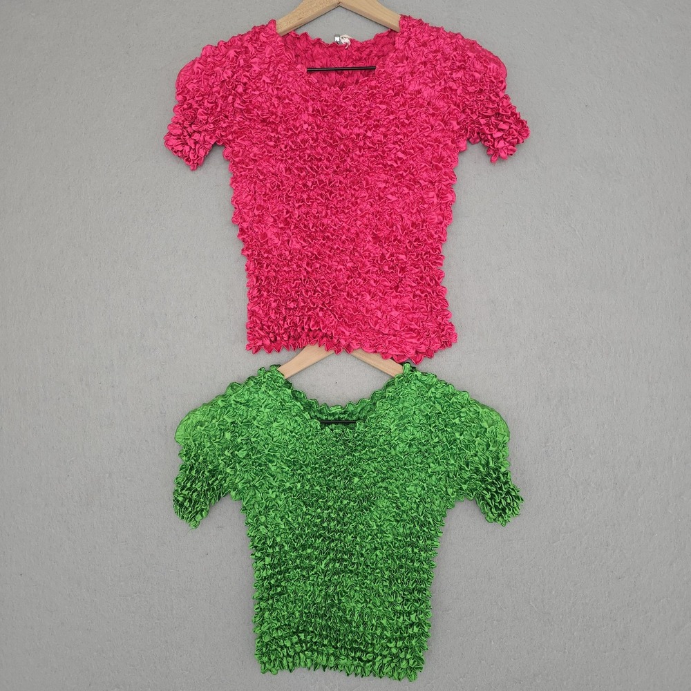 F.C Blouse Womens One Size Pink Green Crinkle Ruffle Satin Popcorn Stretch Set 2